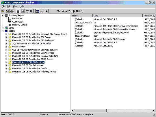 Component Checker tool, OLE DB Jet Provider version
